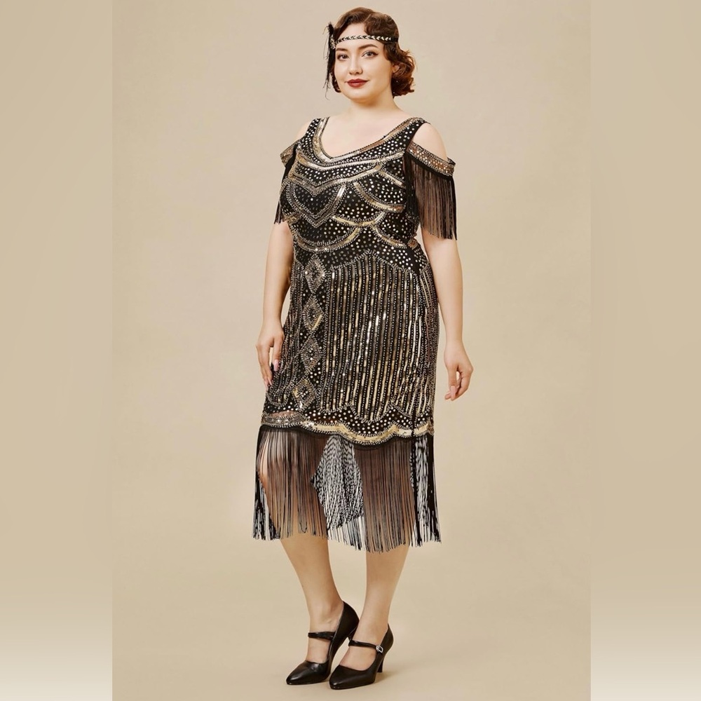 Glamorous Black and Gold Beaded Midi Dress